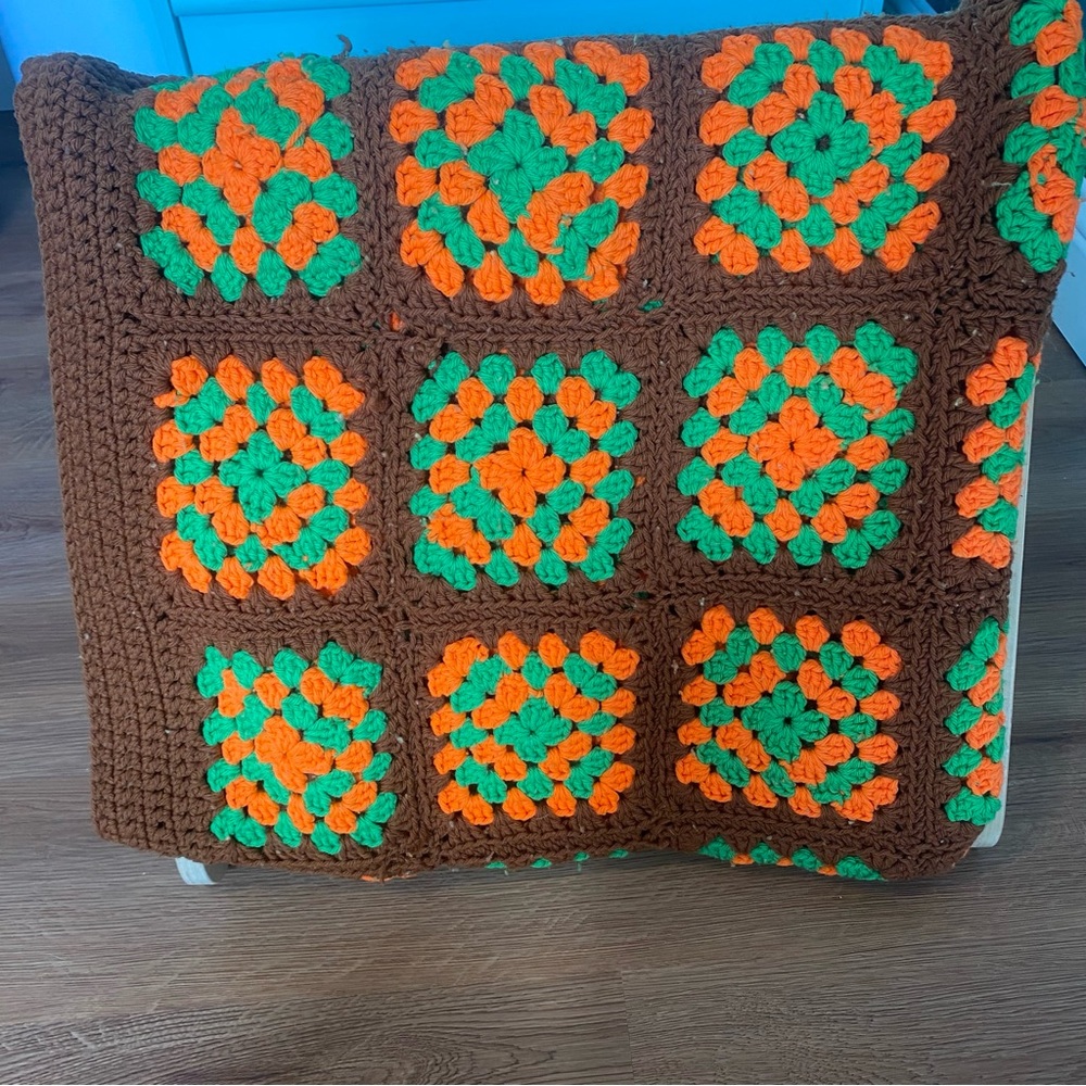 Vintage Handmade Crochet Granny Square Afghan Blanket Throw Orange/Green Fall - Picture 2 of 7